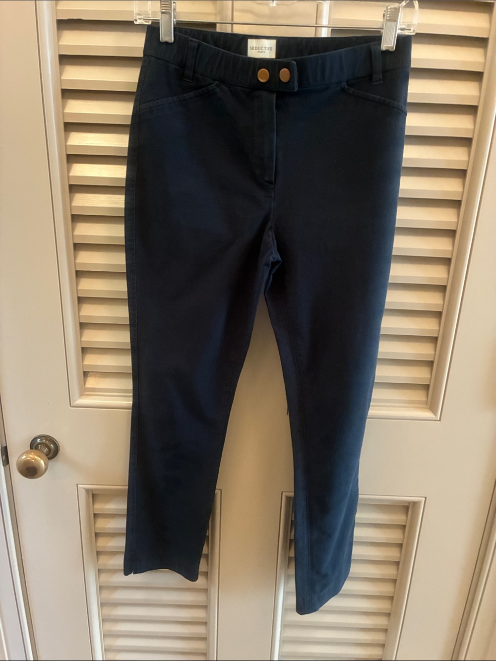 Seductive Slim Navy Stretch Pants with Double Button Waist